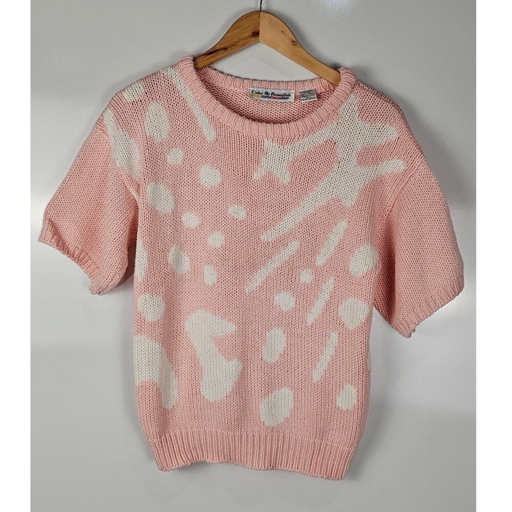 VTG 80s Color me Beautiful sweater szM pink white design short sleeve